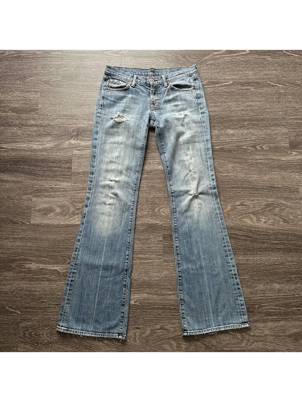 Y2K 7 For All Mankind Low Rise Bootcut Jeans Blue Distressed Women's 27 (30x34)